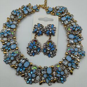 18 inch blue crystal choker necklace set w/ earrings